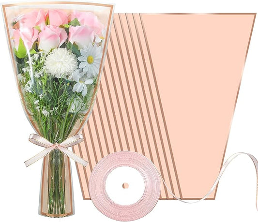 50PCS Flower Wrapping Bags for Bouquets 17 x 11in Pink Floral Bouquet Packing Sleeves with Ribbon Plastic Flower Bouquet S...