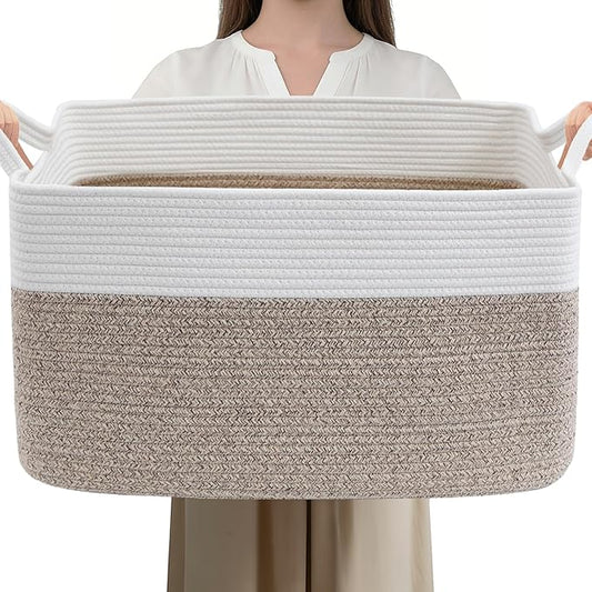 HZFTJOY Large Blanket Basket,Woven Rope Basket Storage Bin with Handles,65L Rectangle Laundry Basket for Magazines,Toys,Cl...