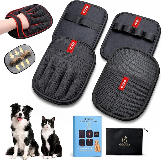 GOLIXA 4 Pack Pet Hair Removal Glove for Dogs & Cats, 4 Designs Electrostatic Magic Brush Pet Hair Remover, Reusable Dog H...