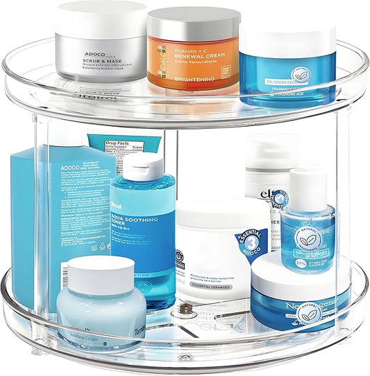 2 Tier Lazy Susan Bathroom Organizer, 9.25Inch Clear 360 Rotating Makeup Organizer for Vanity, Skincare Organizers Perfume...