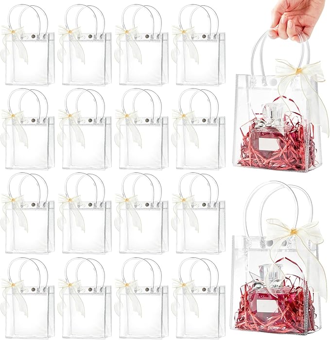 Ohuimrt 50 PCS Clear Plastic Gift Bags with Handles, 5.9 x 4.92 x 2.75 Inches Reusable Party Favor Bags with Ribbon Transp...