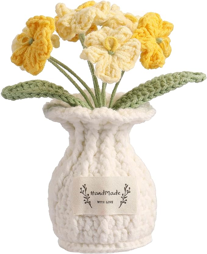 YOOJEE Forget-Me-Not Crochet Flower Potted Plant – Handmade Desk Decor, 7 Bloom Crochet Flowers in Soft Yellow Tones