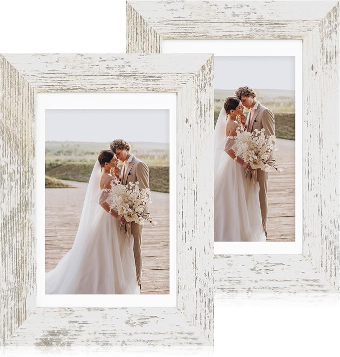 Hongkee 5x7 Picture Frame Set of 2, Made of Real Glass and Distressed White Wooden Frame - Display Pictures 4x6 with Mat o...