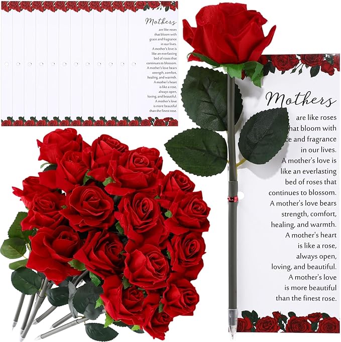 Sayglossy 12 Sets Rose Pen Mother's Day Gifts Artificial Red Flower Ballpoint Pens with Inspirational Praise Card Rose Par...