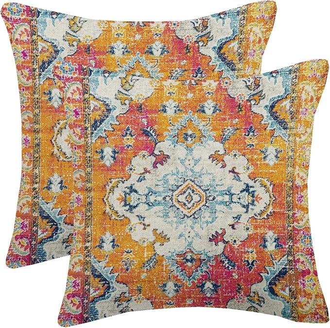 AELUTYSH Vintage Boho Pillow Covers 18X18 Inch Set of 2 Antique Ethnic Orange Teal Carpet Pattern Throw Pillow Covers Bohe...