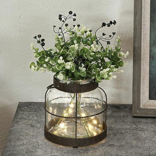 Vintage Glass Farmhouse Vase, Rustic Lantern Decor with Plants Flowers Lights Vintage Style Vases for Home Decor Floral Ar...