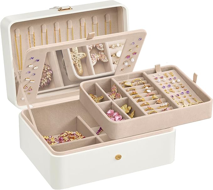 SONGMICS Jewelry Box Organizer with Mirror, 2-Layer Jewelry Holder Case, Removable Tray, 6.9 x 8.7 x 4.3 Inches, Earring N...