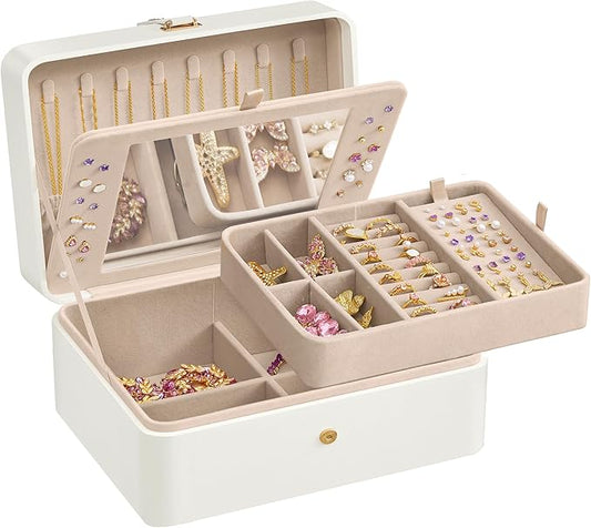 SONGMICS Jewelry Box Organizer with Mirror, 2-Layer Jewelry Holder Case, Removable Tray, 6.9 x 8.7 x 4.3 Inches, Earring N...
