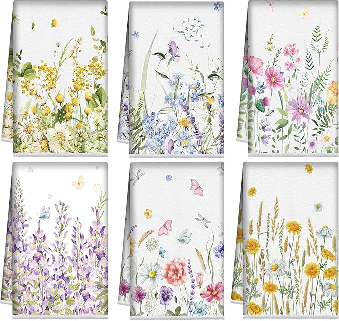 Redbaker 6 Pcs Floral Kitchen Towels Wildflower Print Dish Towels for Kitchen Absorbent Flower Butterfly Hand Decorative S...
