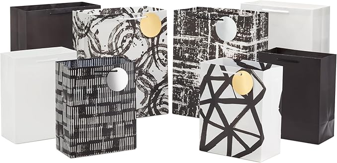 Hallmark Assorted Black and White Gift Bags (8 Bags: 4 Medium 9", 4 Large 13") for Valentine's Day, Weddings, Graduations,...