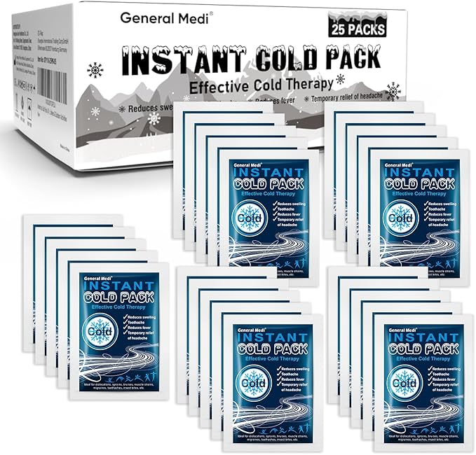 General Medi Instant Ice Cold Pack (4”x 5.5”) – 25 Packs Disposable Cold Therapy Ice Packs for Pain Relief, Swelling, Infl...