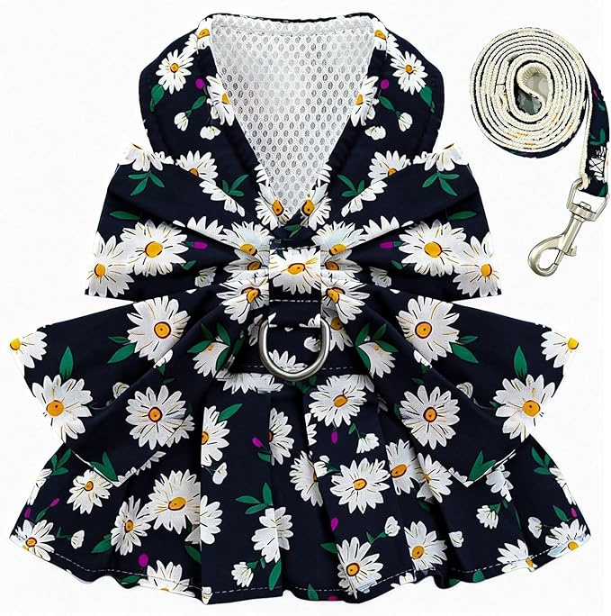 BAEJMJK Dog Dress Bowknot Harness Leash Set for Small Dogs Cats Daisy Floral Girl Dog Dresses Cute Puppy Princess Clothes ...