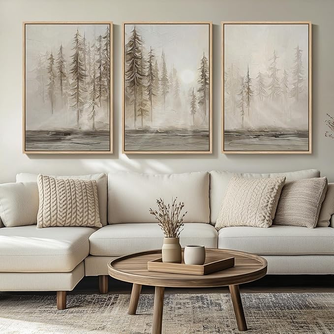 Framed Neutral Wall Art for Living Room, Large 3 Piece Abstract Pastel Grunge Forest Landscape Tree Canvas Artwork Set, Mo...