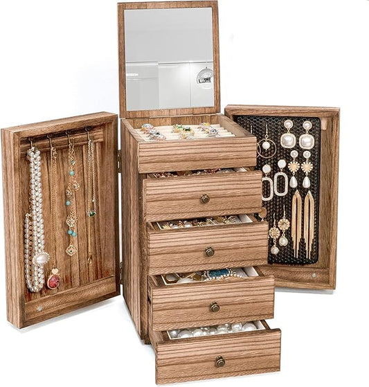 Meangood Jewelry Box Wood for Women, 5-Layer Large Organizer Box with Mirror & 4 Drawers for Rings, Earrings, Necklaces, V...