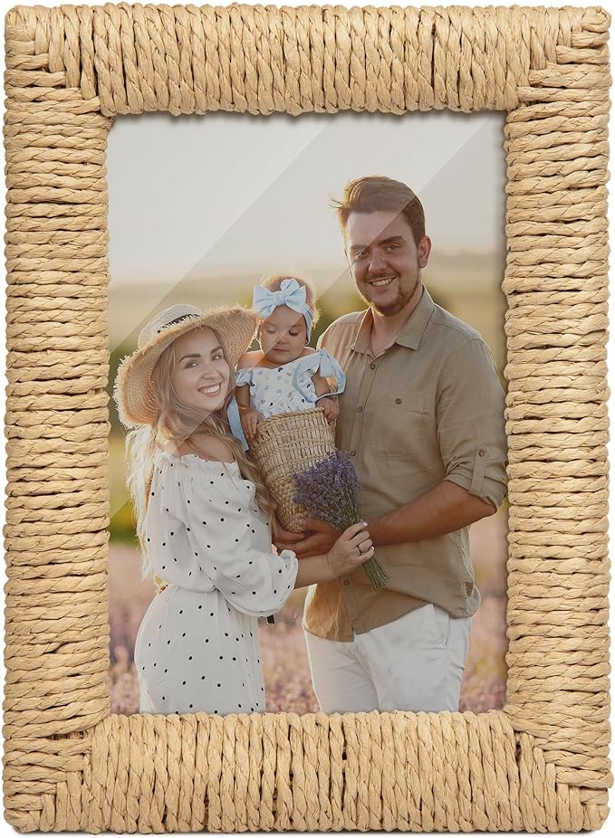 takfot Boho 5x7 Picture Frame, Natural Boho Rattan Photo Frame with Real Glass Paper Rope for Wall and Tabletop Display Gi...