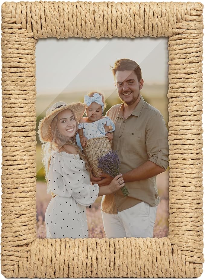 takfot Boho 5x7 Picture Frame, Natural Boho Rattan Photo Frame with Real Glass Paper Rope for Wall and Tabletop Display Mo...