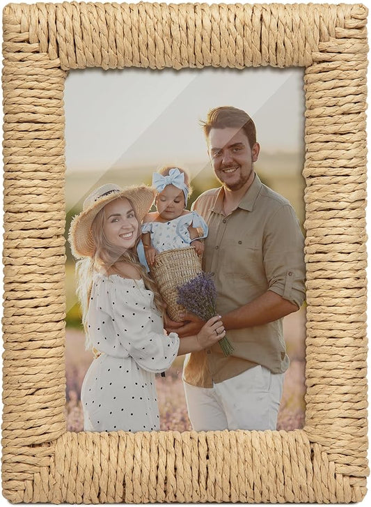 takfot Boho 5x7 Picture Frame, Natural Boho Rattan Photo Frame with Real Glass Paper Rope for Wall and Tabletop Display Gi...