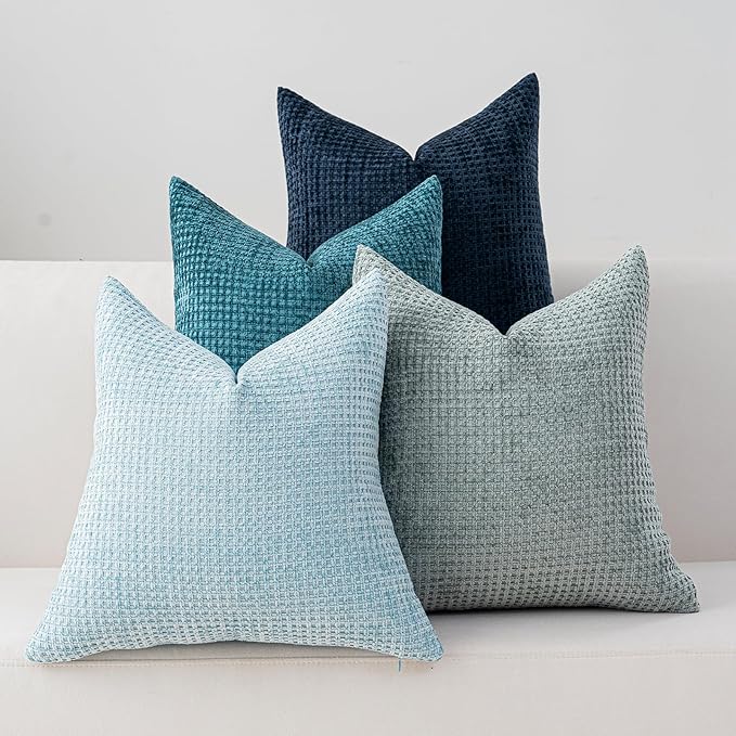Cushonix Pack of 4 Throw Pillow Covers 18x18 inch Blue Series Boho Cushion Covers Decorative Farmhouse Pillow Covers for C...