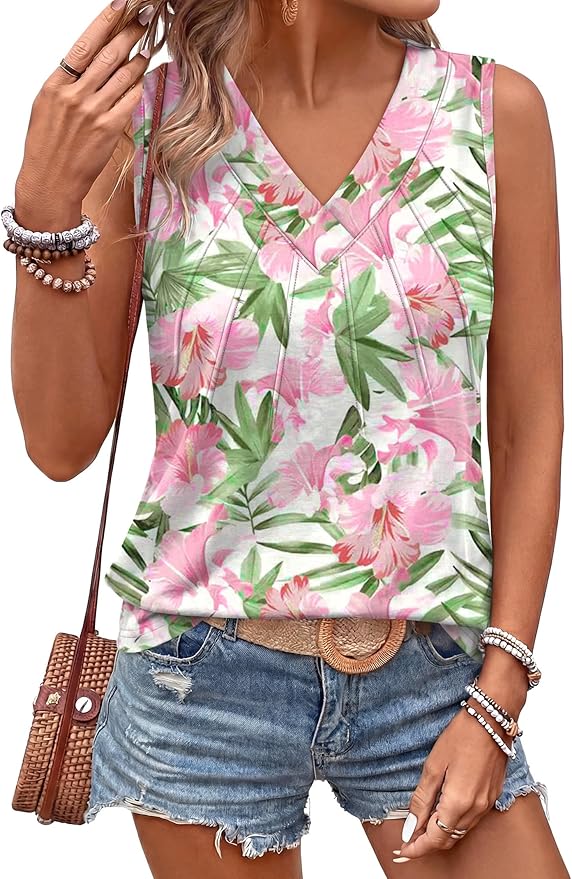 OFEEFAN Tank Tops for Women Loose Fit Sleeveless Shirts V Neck Summer Clothes Ruched Women's Tees and Tanks Straight Hem