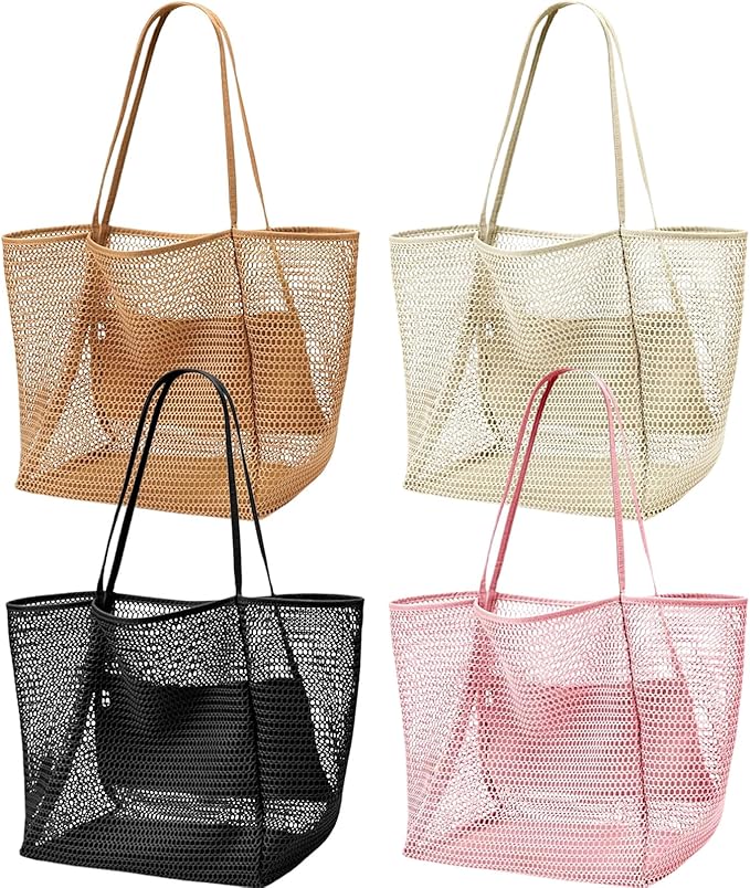 Viwnrxta 4pcs Beach Bags for Women,Nylon Mesh Summer Travel Tote Bag with Large Inner Zipper Pocket