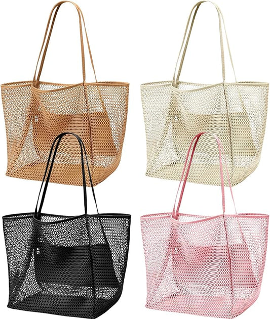 Viwnrxta 4pcs Beach Bags for Women,Nylon Mesh Summer Travel Tote Bag with Large Inner Zipper Pocket