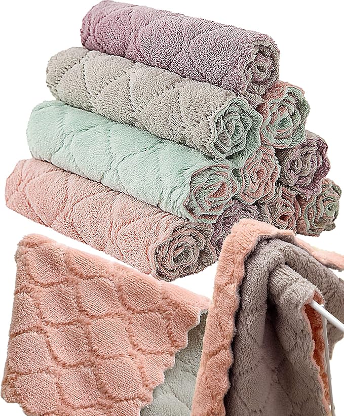 12 Pack Kitchen Towels Quick Dry Washcloths, Coral Velvet Dishtowels Multipurpose Reusable Cloths, Soft Tea Absorbent Clea...
