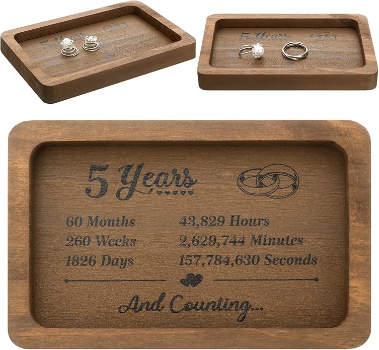 Gerrii 5 Year Wooden Engraved Rectangle Tray Small Jewelry Dish 5th Wedding Anniversary Wood Gifts for Him or Her Husband ...