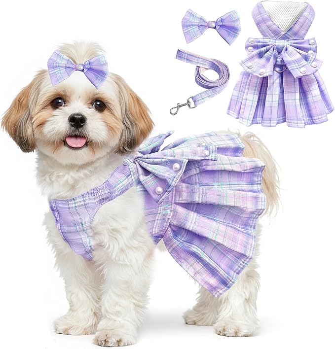 Dog Dress Bowknot Harness Leash Set for Small Dogs Girl Cute Plaid Dog Dress Pearls Bow Tie Spring Summer Princess Clothes...