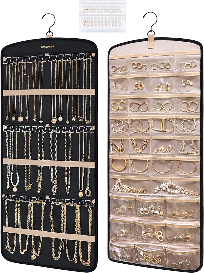 BAGSMART Hanging Jewelry Organizer, Necklace Holder Anti-tangle Earrings Rings Hanger with 20 Jewelry Bags Travel Storage ...