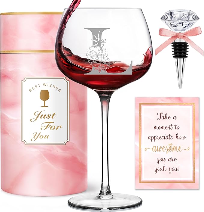 Personalized Gifts for Women - Monogrammed A-Z Wine Glass Customized Gifts, Unique Birthday Gifts for Women, Christmas Bas...