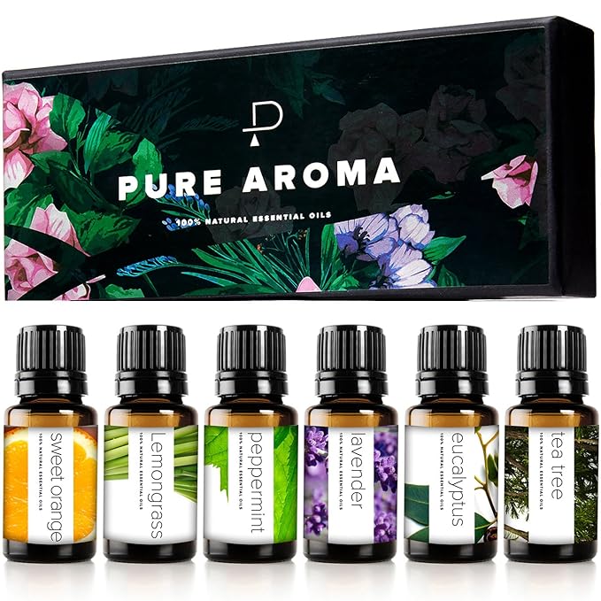 Essential Oils Set by Pure Aroma - Top 6 Aromatherapy Oils Gift Set-6 Pack, 10ml (Eucalyptus, Lavender, Lemongrass, Sweet ...