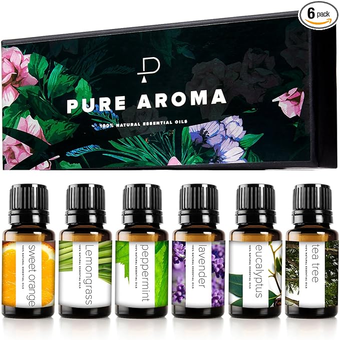 Essential Oils Set by Pure Aroma - Top 6 Aromatherapy Oils Gift Set-6 Pack, 10ml (Eucalyptus, Lavender, Lemongrass, Sweet ...