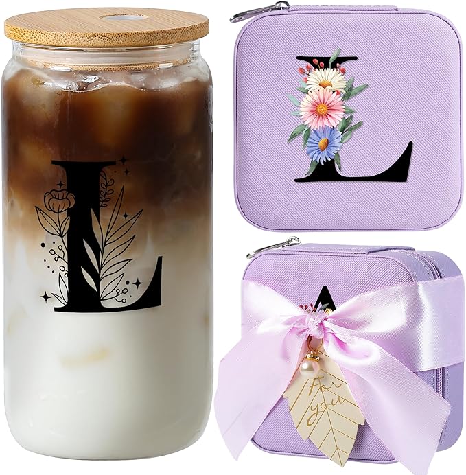 AYGXU Glass Cups with Bamboo Lids and Straws, 16oz, Small Travel Jewelry Case, Initial Glass Cup, Travel Jewelry Organize...