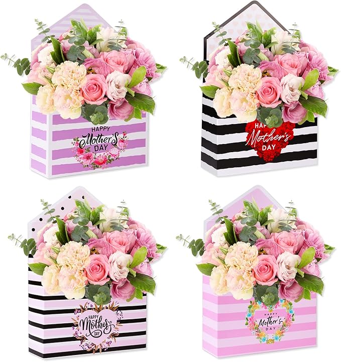 WaaHome Set of 4 Happy Mother's Day Flower Bouquet Packaging Gift Paper Boxes for Mom, Daughter, Son, Wife, Florist, Class...