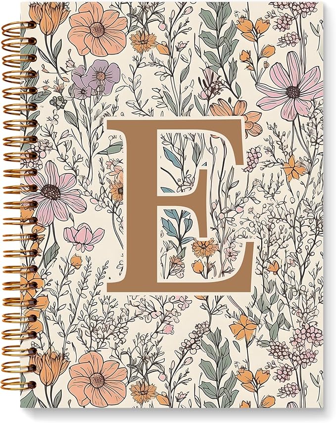 JXREQ Vintage Boho Floral Personalized Notebook, Initial Letter E Notebook Journal, Monogram Notebook, Monogrammed Gifts f...