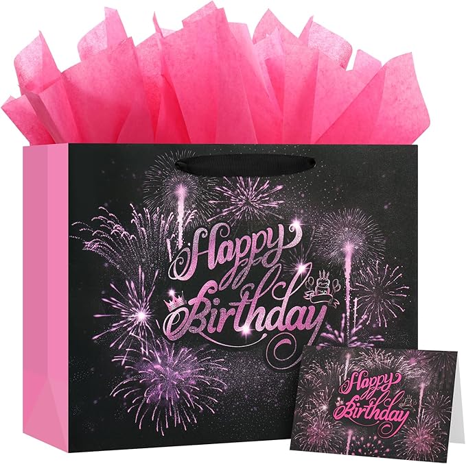 BeiLaad Pink Birthday Gift Bag with Tissue Paper and Greeting Card, 12.6“ Happy Birthday Gift Bags for Party, Fireworks De...