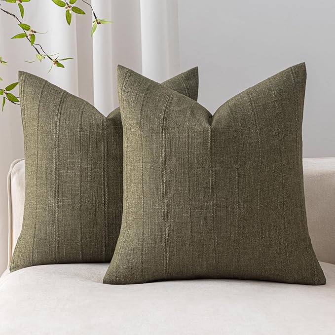 SINYASAN Soft Linen Striped Throw Pillow Covers 18"x18" Set of 2, Olive Green Textured Decorative Pillow Cases for Sofa Be...