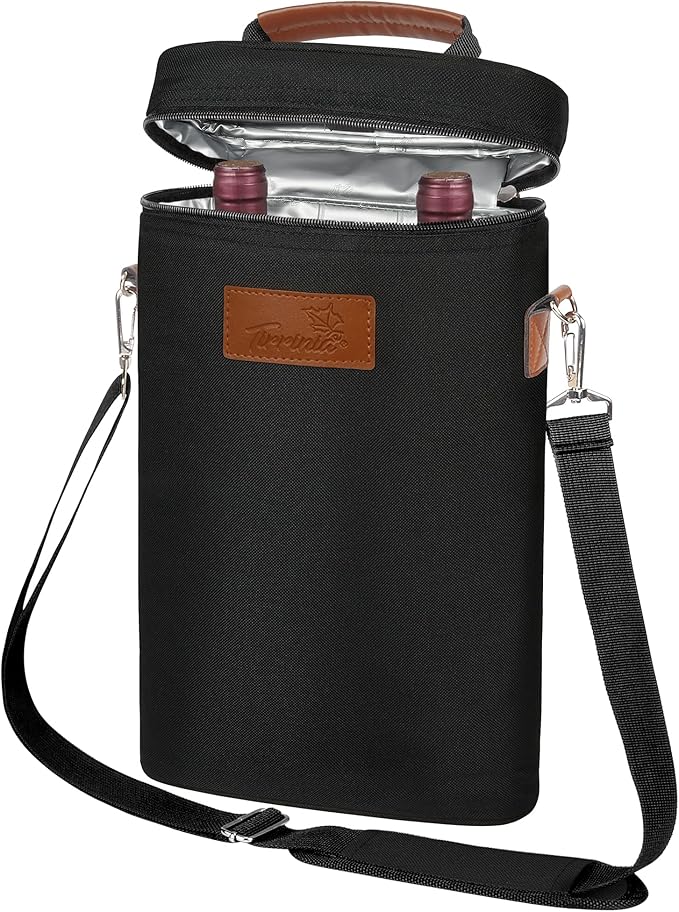 Tirrinia 2 Bottle Leakproof Insulated Wine Tote Carrier Bag - Padded Cooler for Travel, Restaurants, Tasting, Parties, Gre...