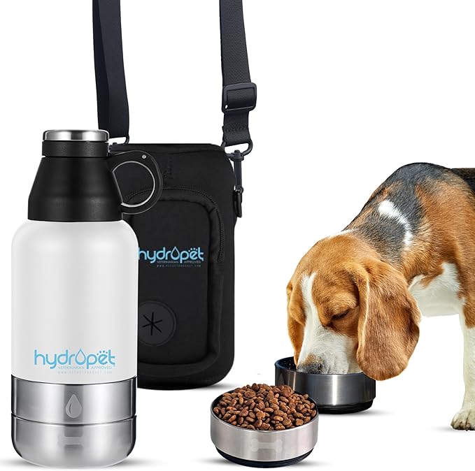Hydropet Portable Dog Water Bottle (32 oz) - Insulated Dogs & Cats Travel Bottles, Stainless Steel - Detachable Dog Food B...