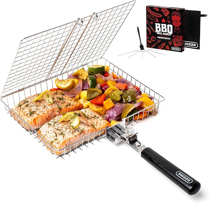 SHIZZO Grill Basket Set, Barbecue BBQ Grilling, Stainless Steel Folding Portable Outdoor Camping Rack for Fish, Shrimp, Ve...