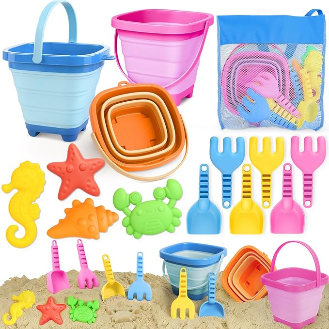 Dreamon Beach Toys for Kids 3-10, Collapsible Sand Castle Toys for Beach Include 3 Pack Foldable Buckets, Shovels Molds an...