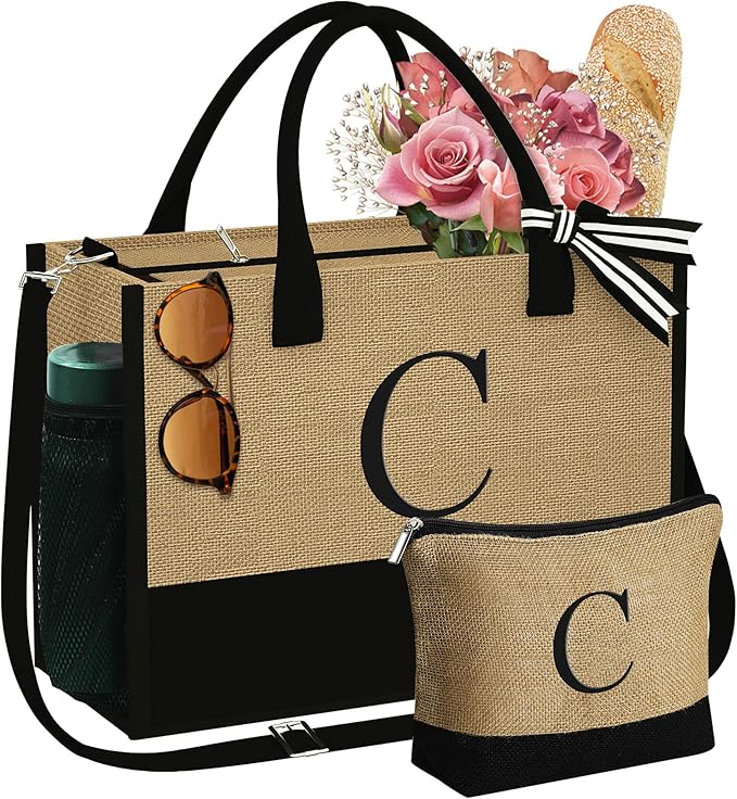 YOOLIFE Mothers Day Gifts for Women - Initial Jute Tote Bag & Makeup Bag, Birthday Gifts for Women Mom Wife Teacher Friend