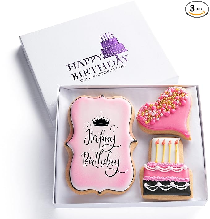 Happy Birthday Gift Basket Custom Sugar Cookies - Happy Birthday Cookies in Gift Box, Hand Decorated Kosher Treats for Wom...