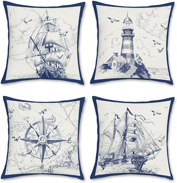 Bonhause Nautical Sailing Throw Pillow Covers 18 x 18 Inch Set of 4 Sailboat Compass Lighthouse Decorative Pillows Case Po...