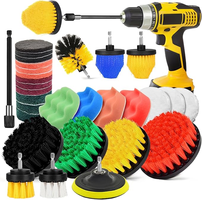 30Pcs Drill Brush Attachment Set,Drill Scrubber Brush Kit Include Scrub Pads, Sponge, Extend Attachment, Drill Cleaning Br...