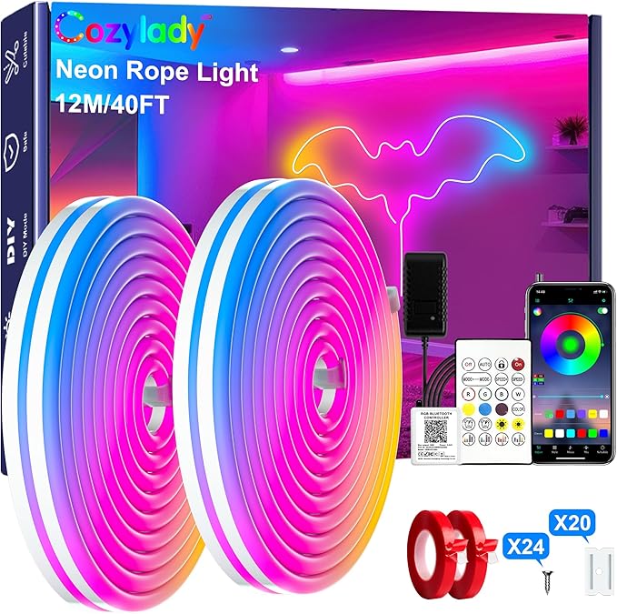 Cozylady 40Ft (20Ft *2 Rolls) RGB LED Neon Rope Lights for Bedroom, 12m LED Strip Lamp with Double Sided Adhesive Tape, Ap...