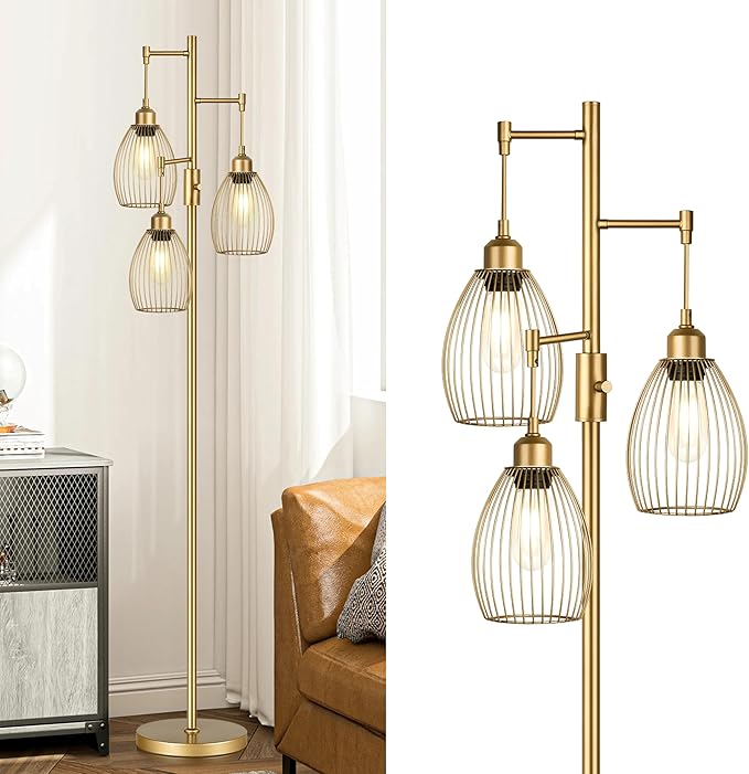 Dimmable Floor Lamp, Industrial Floor Lamps for Living Room, Gold Tree Lamp Standing Lamp Tall Lamps with 3 Elegant Teardr...