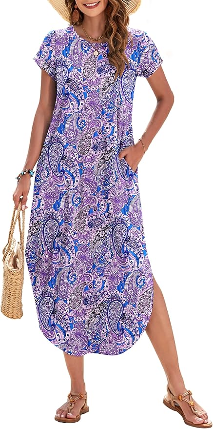 WNEEDU Womens Summer Dresses Casual Loose Short Sleeve Long T Shirt Dress Split Maxi Beach Sundress Travel Vacation Outfits