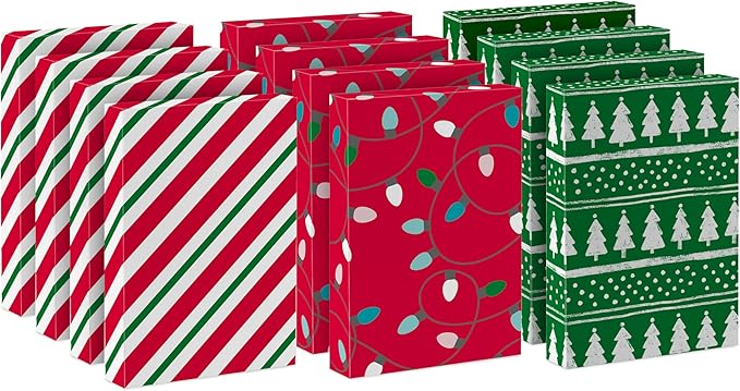 Hallmark Medium Christmas Gift Boxes with Lids (12 Shirt Boxes, 3 Designs: Lights, Trees, Red and Green Stripes) for Chris...