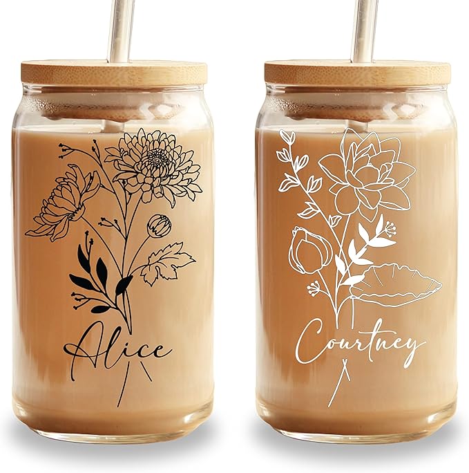 Personalized Birth Flower 16oz Glass Can Cup, Custom Name Bridesmaid Bridal Party Gift, Floral Iced Coffee Glass with Lid ...